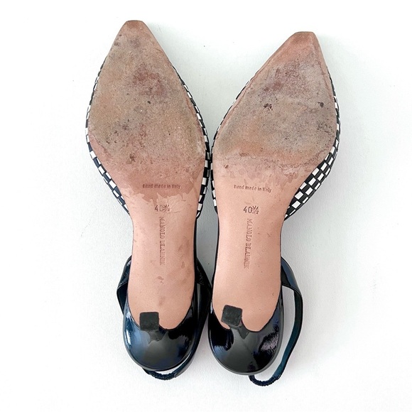 MANOLO BLAHNIK | Black White Cap Toe Woven Leather SlingBack Pointed Pumps - Picture 15 of 16